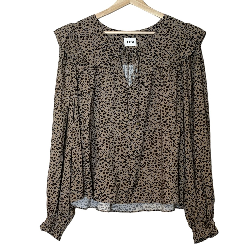 Lini Womens Ruffle Animal Print Balloon Sleeve Blouse Size L Brown Relaxed Fit